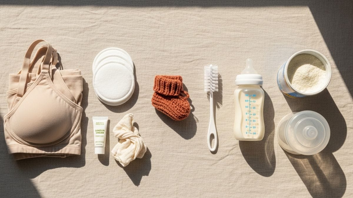 Accessoires d'allaitement et de biberon côte à côte avec chausson terracotta au centre