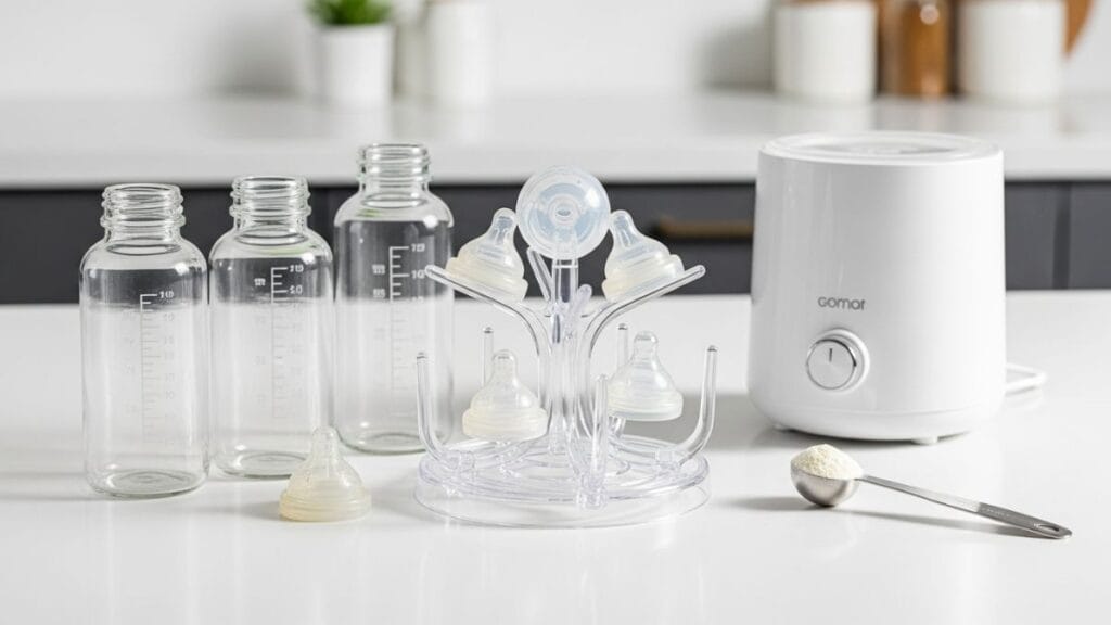 Accessoires de biberon organisés sur un comptoir de cuisine lumineux et moderne