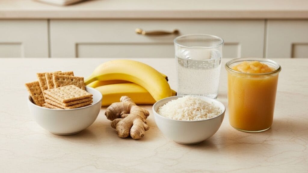 Aliments doux du premier trimestre _ crackers, bananes, gingembre, riz blanc et compote de pomme
