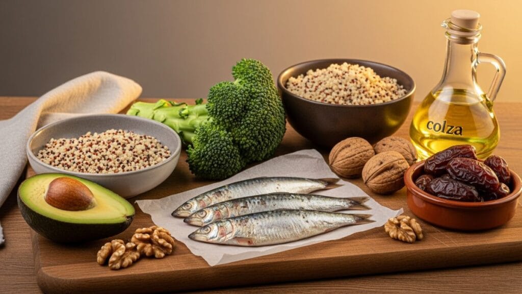 Aliments riches en DHA et énergie pour le 3e trimestre _ sardines, quinoa, brocoli et dattes