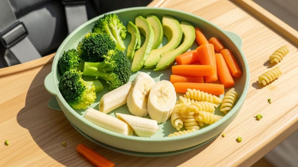 Assiette de diversification menée par l'enfant avec brocoli, avocat, carottes et pâtes en morceaux fondants