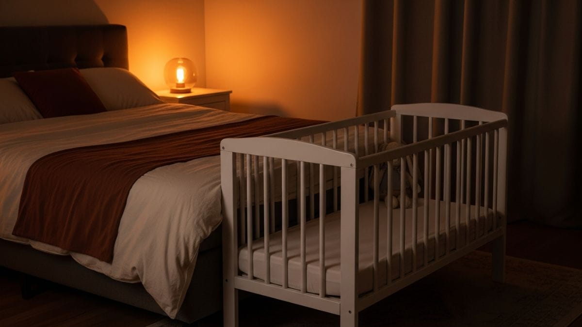 Berceau cododo blanc à côté du lit parental avec veilleuse ambrée et draps terracotta dans une chambre nocturne