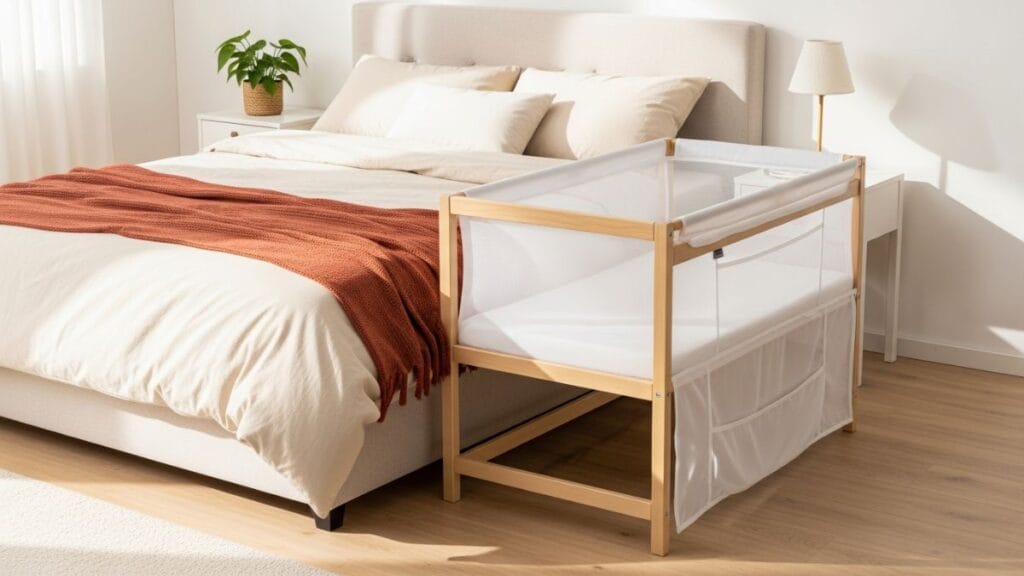 Berceau cododo moderne en bois et blanc accolé au lit parental dans une chambre scandinave lumineuse