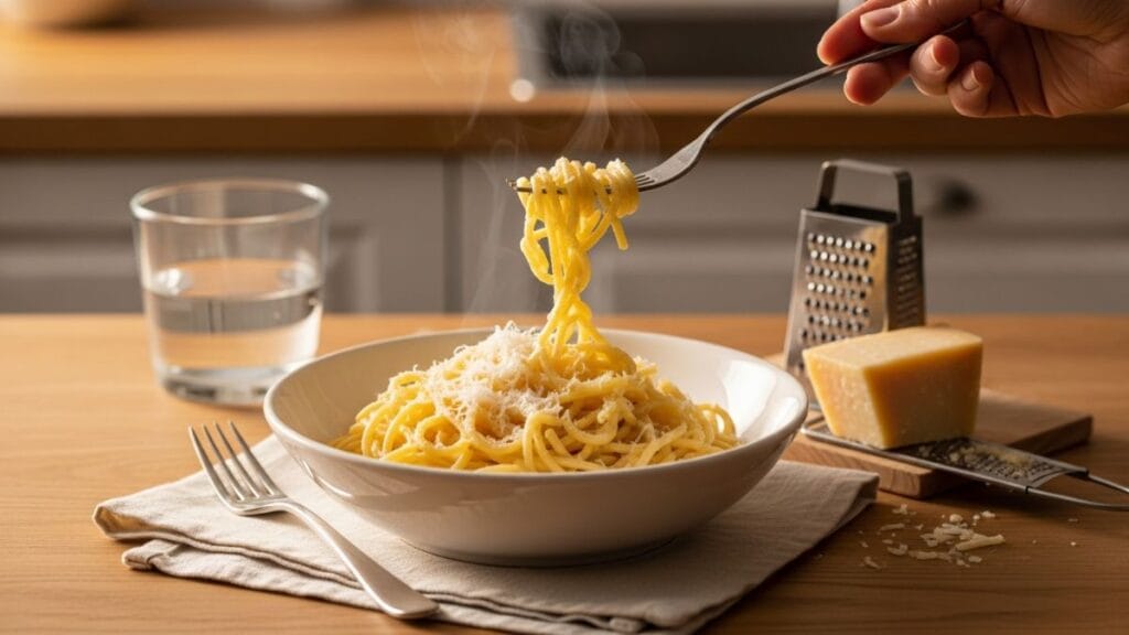 Bol de pâtes au beurre et parmesan râpé fumant, le repas réconfort du premier trimestre