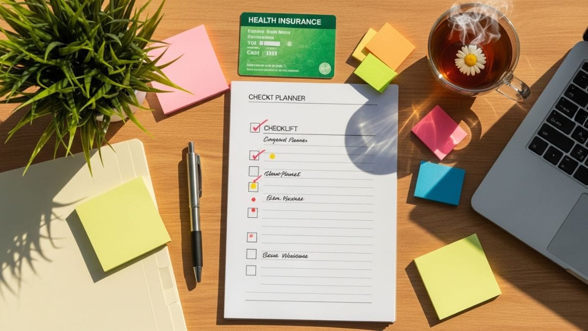 Bureau organisé pour la déclaration de grossesse avec carte vitale, agenda et tisane