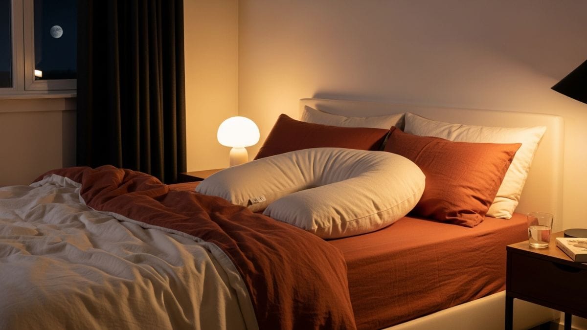 Chambre apaisante avec coussin de grossesse en U sur un lit aux tons cream et terracotta, éclairée par une lampe douce