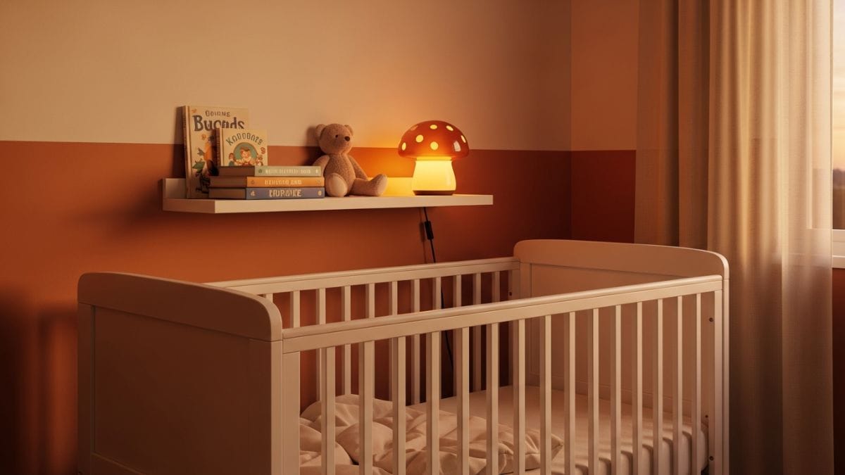 Chambre bébé au crépuscule avec lit blanc, mur terracotta et veilleuse champignon prête pour le rituel du coucher