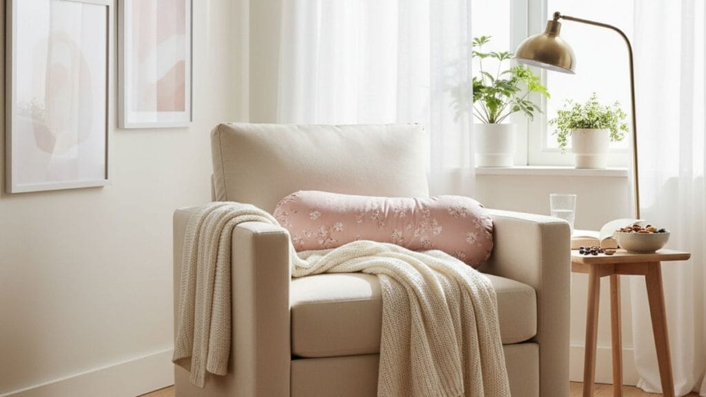 Coin allaitement confortable avec fauteuil, coussin et collations saines