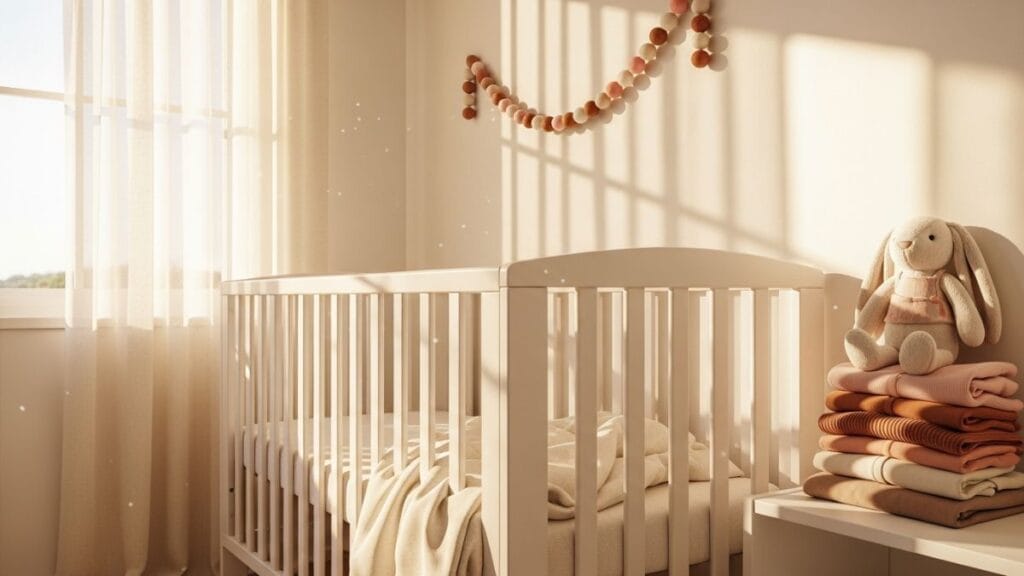 Coin nurserie prêt pour l'arrivée de bébé avec berceau, vêtements pliés et doudou lapin aux tons cream