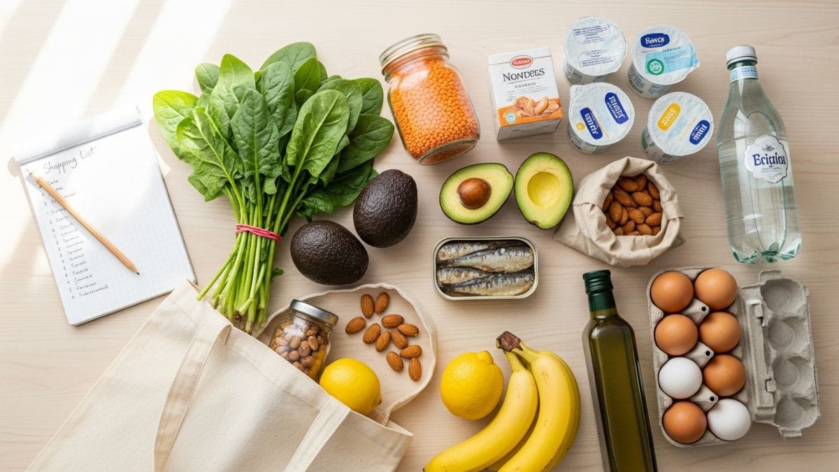 Courses de grossesse déballées sur une table _ épinards, lentilles, sardines, avocats, œufs et eau minérale