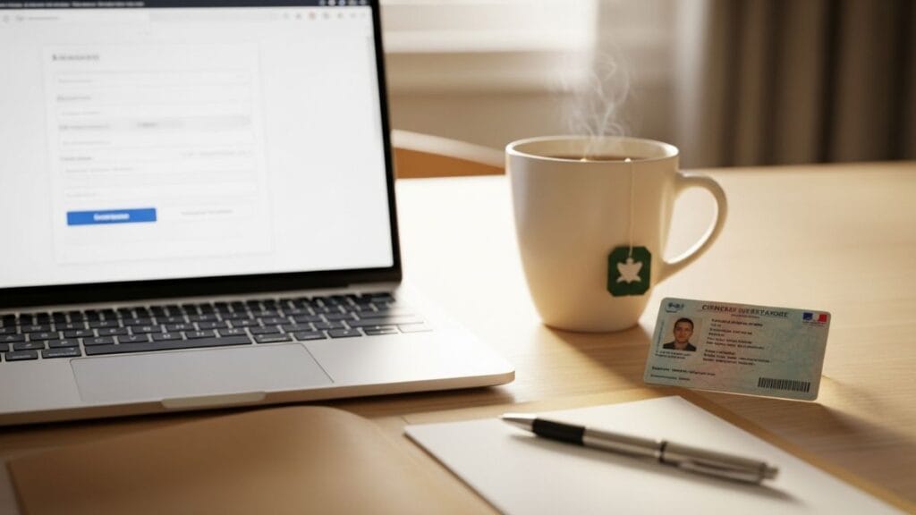 Démarches administratives de grossesse _ laptop avec formulaire en ligne, tisane et carte d'identité