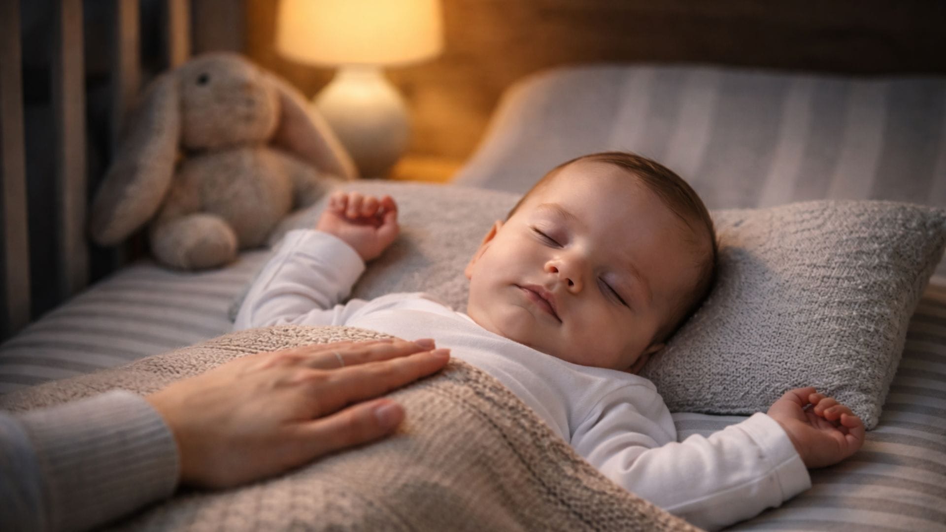Bébé profondément endormi dans son berceau, couvert d’une couverture en maille beige, éclairé par une lumière douce et chaleureuse, avec une main d’adulte posée délicatement sur sa poitrine dans une ambiance calme et rassurante.