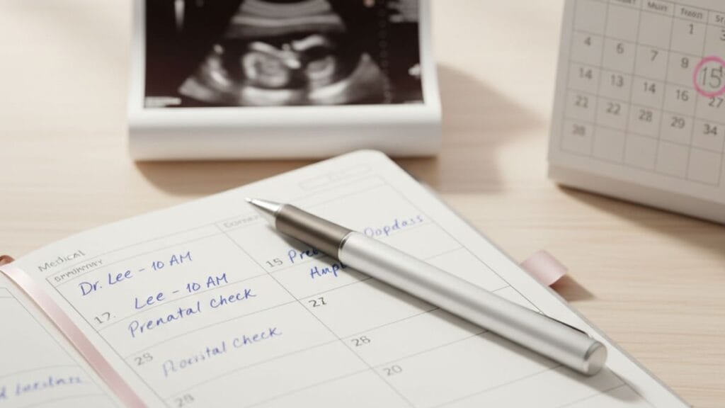 Échographie et carnet de rendez-vous médicaux de grossesse sur un bureau