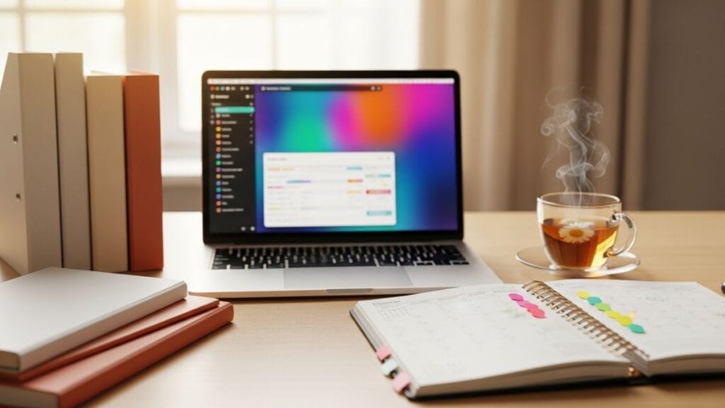 Espace de travail organisé avec agenda de grossesse, laptop et tisane pour le suivi des démarches CAF