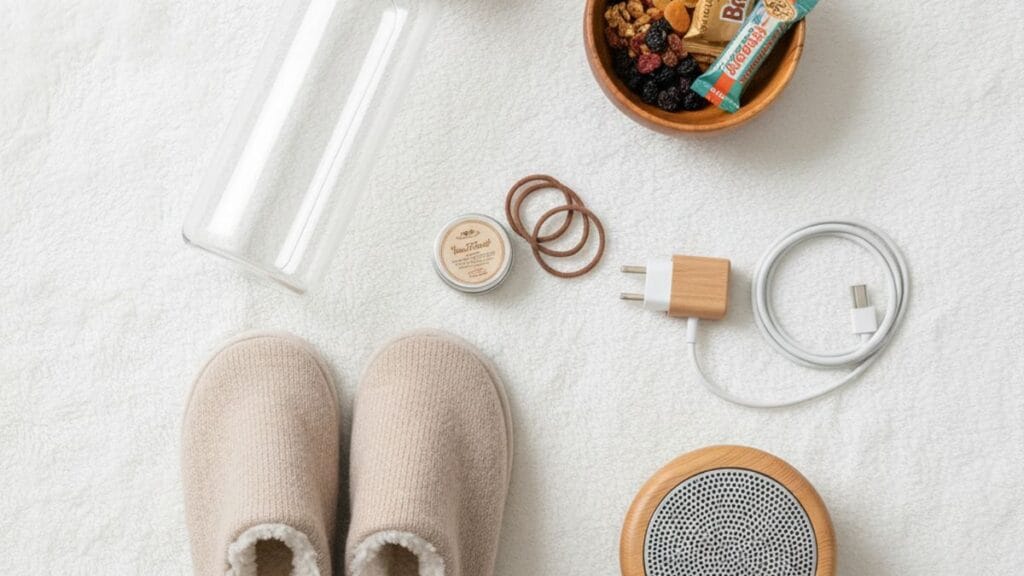 Essentiels du sac de salle de naissance organisés en flat lay