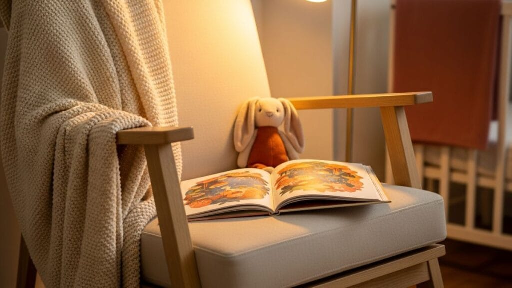Fauteuil de nurserie avec livre d'histoires ouvert et doudou lapin pour le rituel du coucher