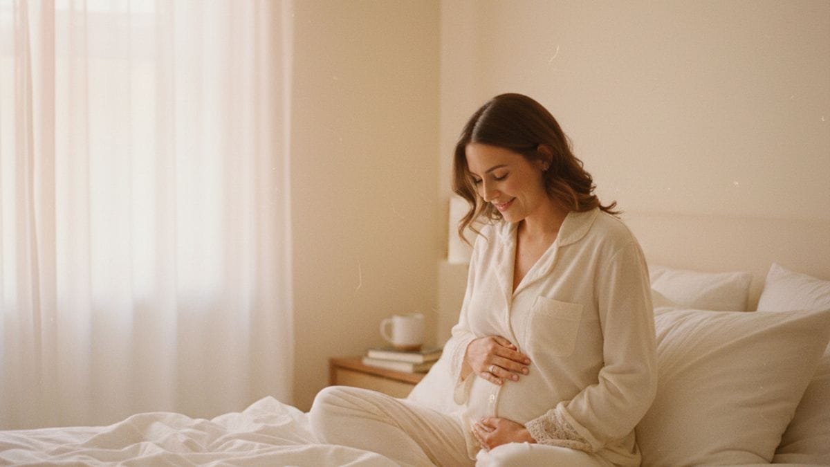 Femme découvrant les premiers signes de grossesse assise sur son lit au matin