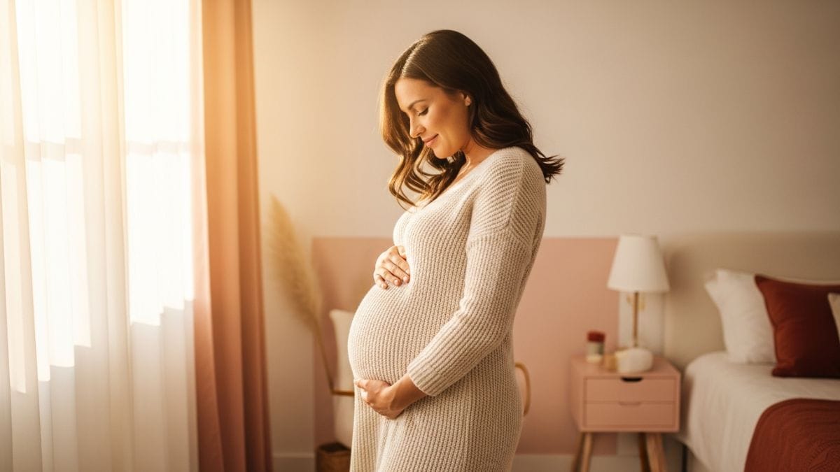 Femme enceinte épanouie berçant son ventre dans une chambre lumineuse aux tons cream et terracotta