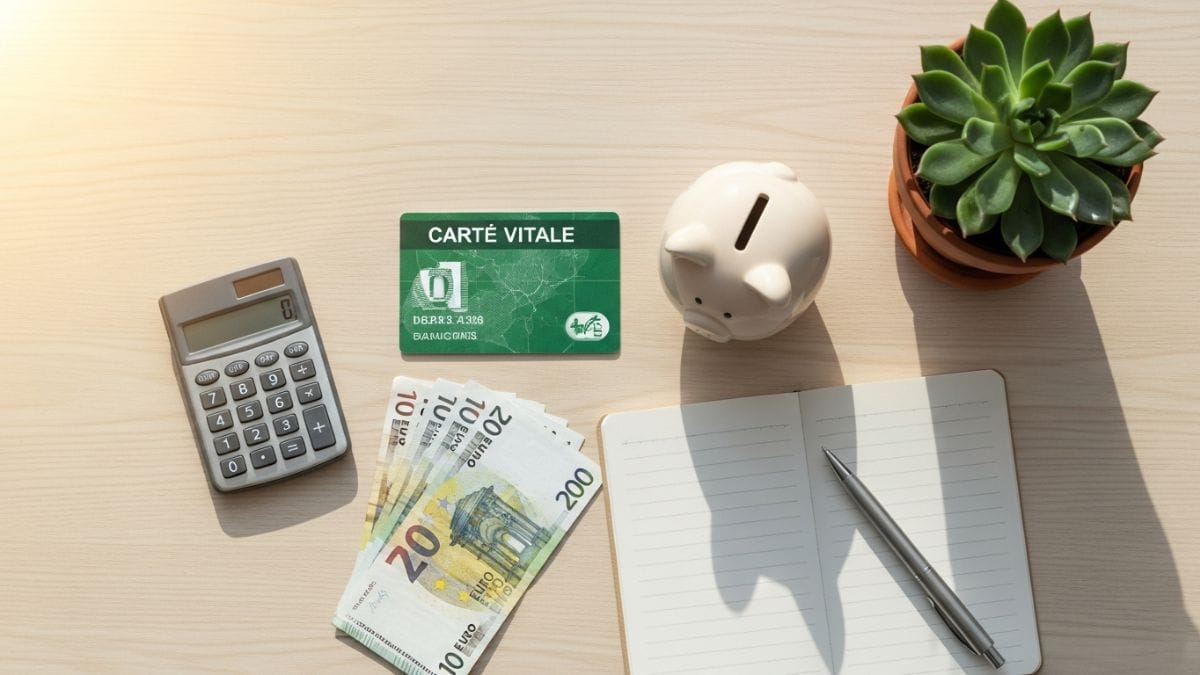 Flat-lay de planification financière grossesse avec carte vitale, billets euros et tirelire sur bureau en bois