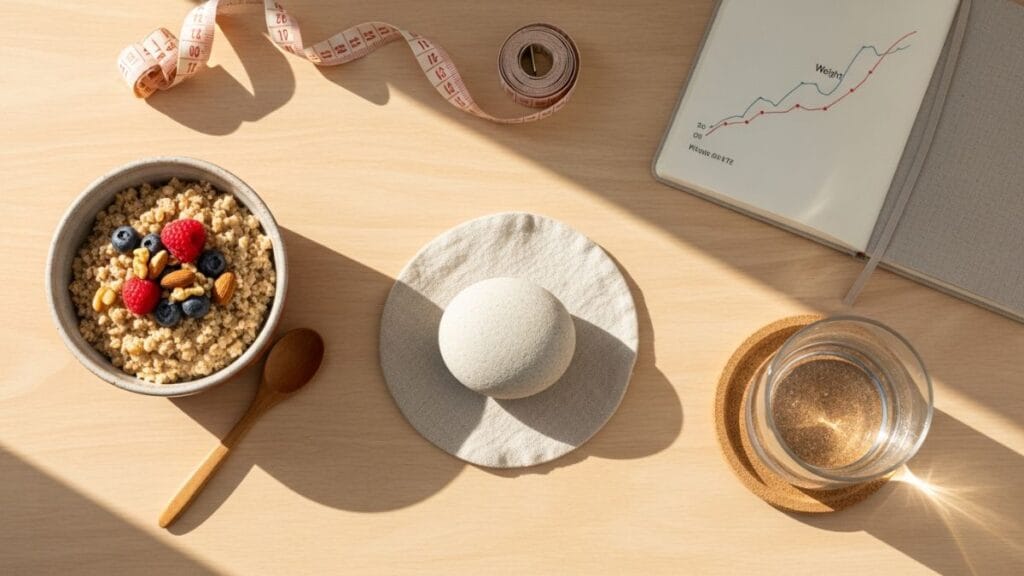 Flat-lay éditorial avec aliments nutritifs, mètre de couturière et carnet de suivi de poids de grossesse