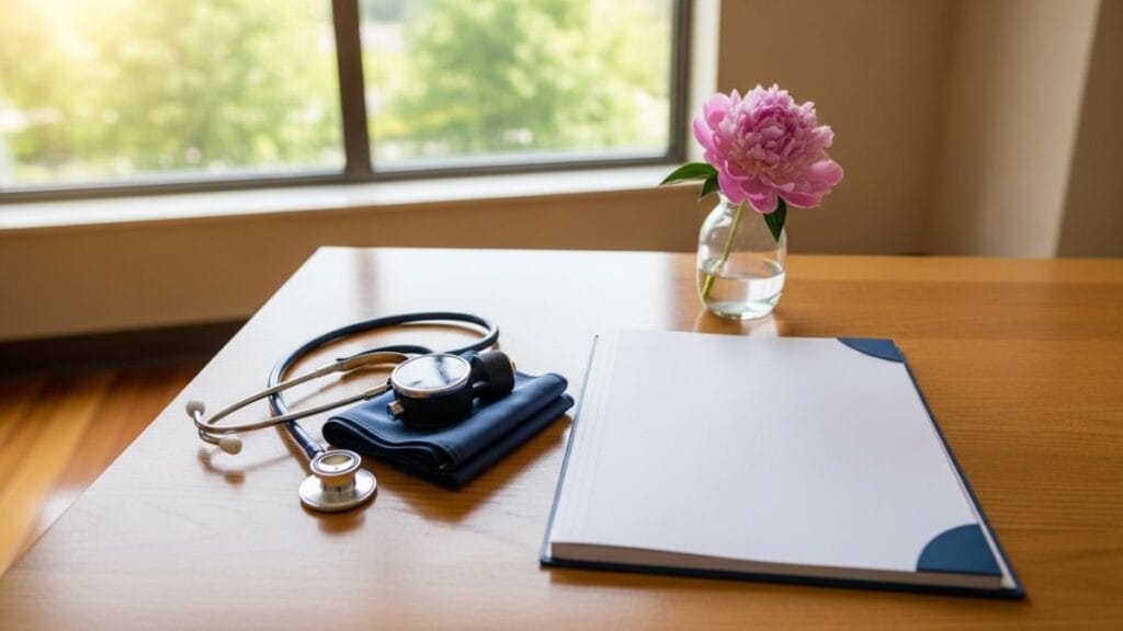Instruments médicaux posés sur un bureau de consultation pour le premier examen prénatal