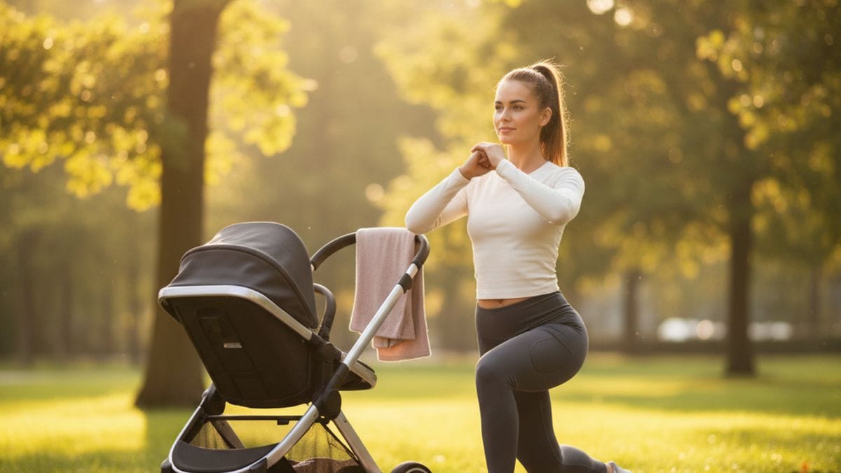 Jeune maman faisant un exercice de fente douce dans un parc avec sa poussette