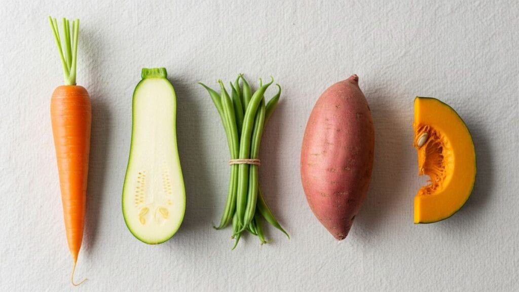 Les cinq premiers légumes de la diversification _ carotte, courgette, haricots verts, patate douce et potiron