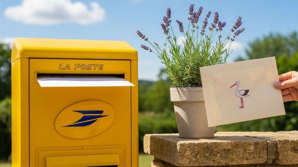 Main glissant une enveloppe avec un dessin de cigogne dans une boîte aux lettres La Poste jaune, symbolisant l'envoi de la déclaration de grossesse
