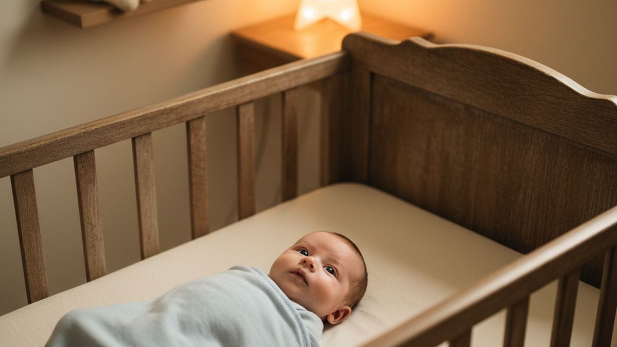 Nourrisson de 4 mois éveillé dans son berceau la nuit avec une veilleuse ambre douce