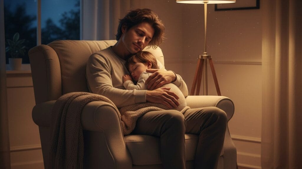 Parent fatigué berçant tendrement son enfant dans une chambre tamisée la nuit
