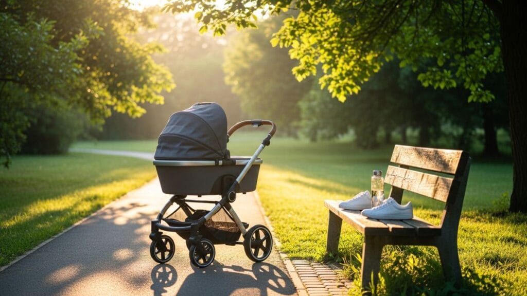 Poussette de bébé sur un chemin de parc ensoleillé avec des baskets, symbolisant la récupération post-partum