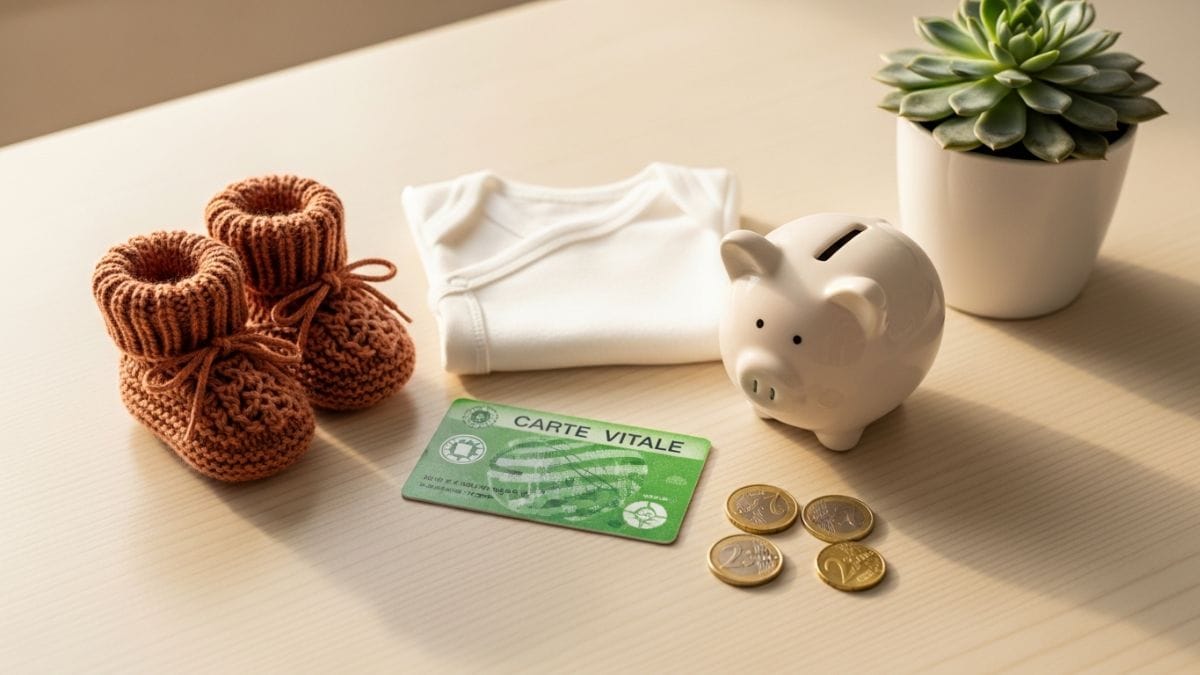 Préparatifs d'arrivée de bébé _ chaussons tricotés, body, carte vitale et tirelire sur un bureau cream