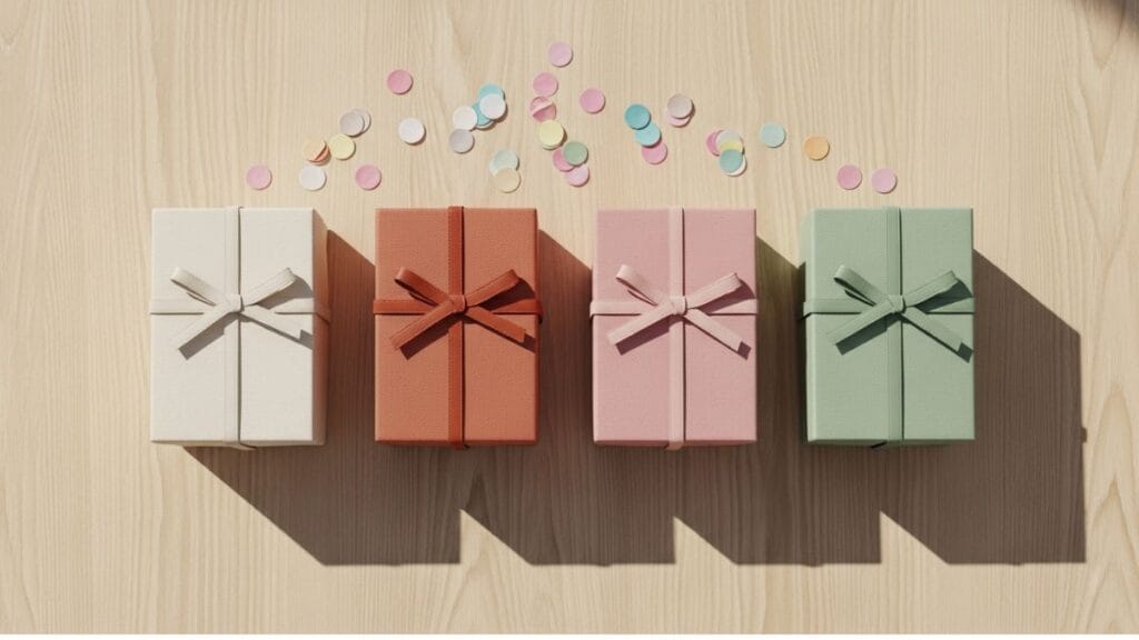 Quatre boîtes cadeaux colorées symbolisant les quatre composantes de la PAJE avec confettis festifs