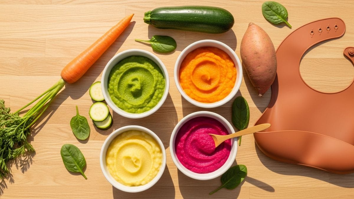 Quatre purées colorées pour bébé avec légumes frais et bavoir terracotta sur table en bois clair