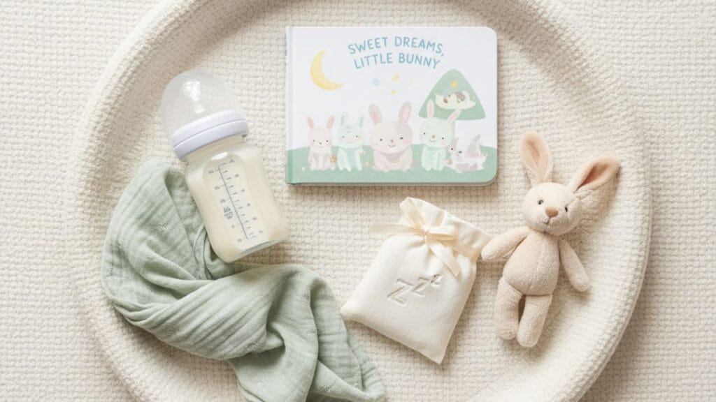 Routine du coucher apaisante avec livre, doudou et lait sur une couverture douce