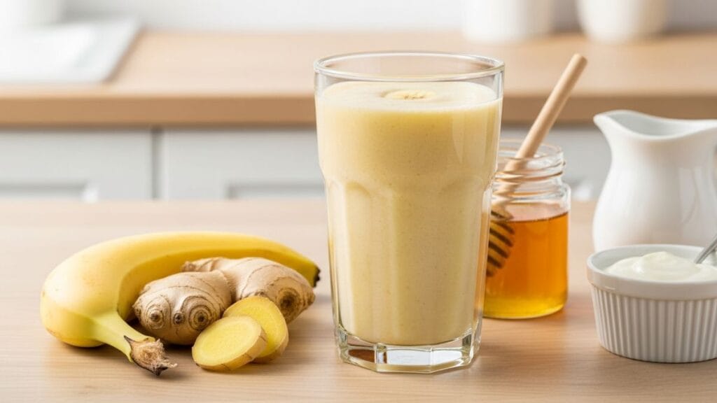 Smoothie banane-gingembre anti-nausées avec miel et yaourt dans un verre en cuisine lumineuse