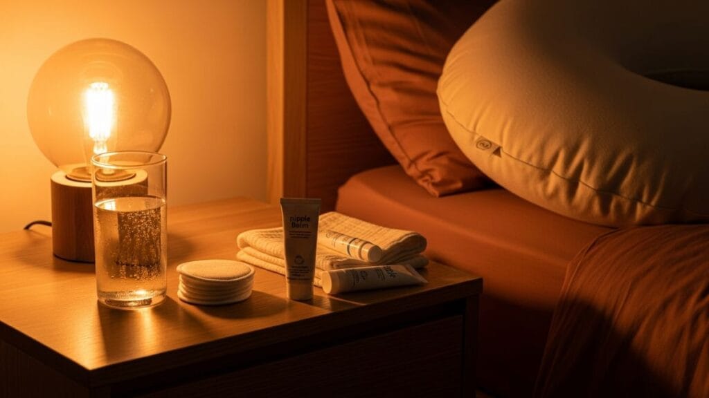 Table de nuit d'allaitement avec coussin, verre d'eau et coussinets sous lumière ambrée