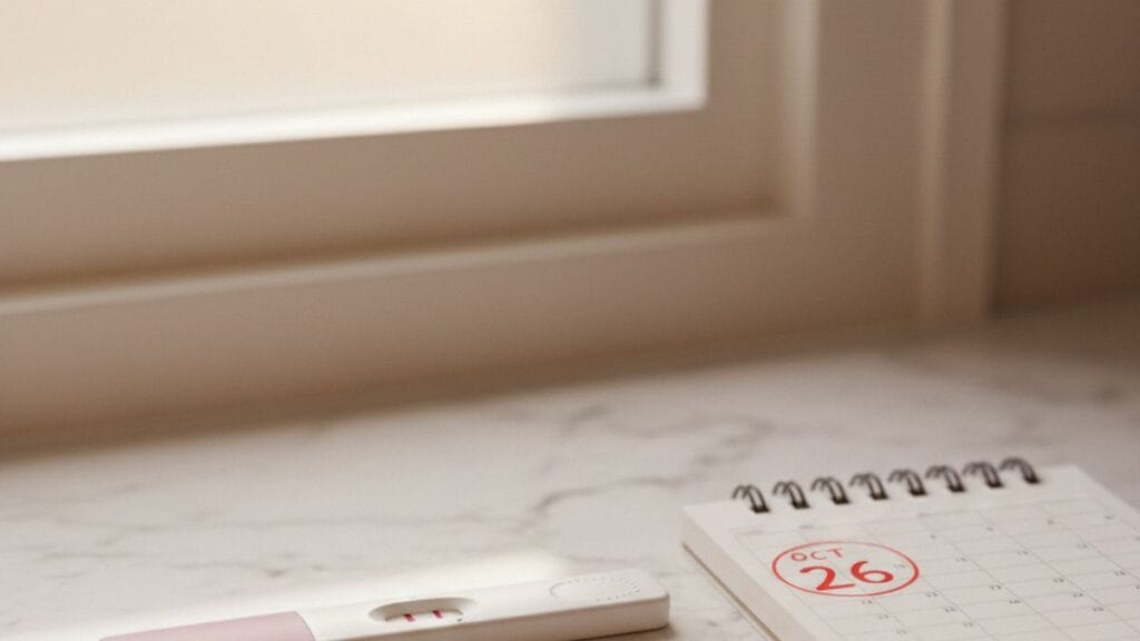 Test de grossesse positif posé sur un comptoir à côté d'un calendrier