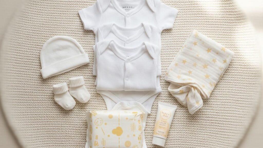 Trousseau de naissance avec bodies, bonnet et couches pour la maternité