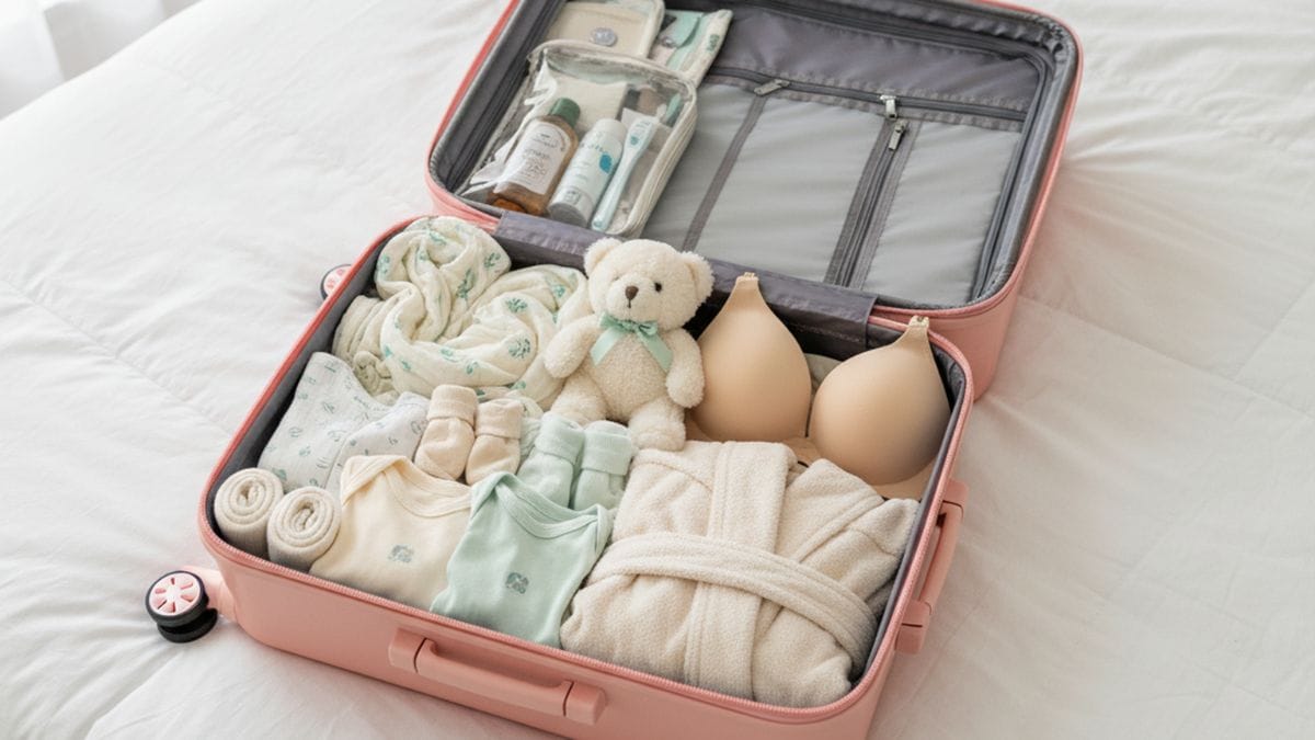 Valise de maternité ouverte avec vêtements et essentiels soigneusement pliés