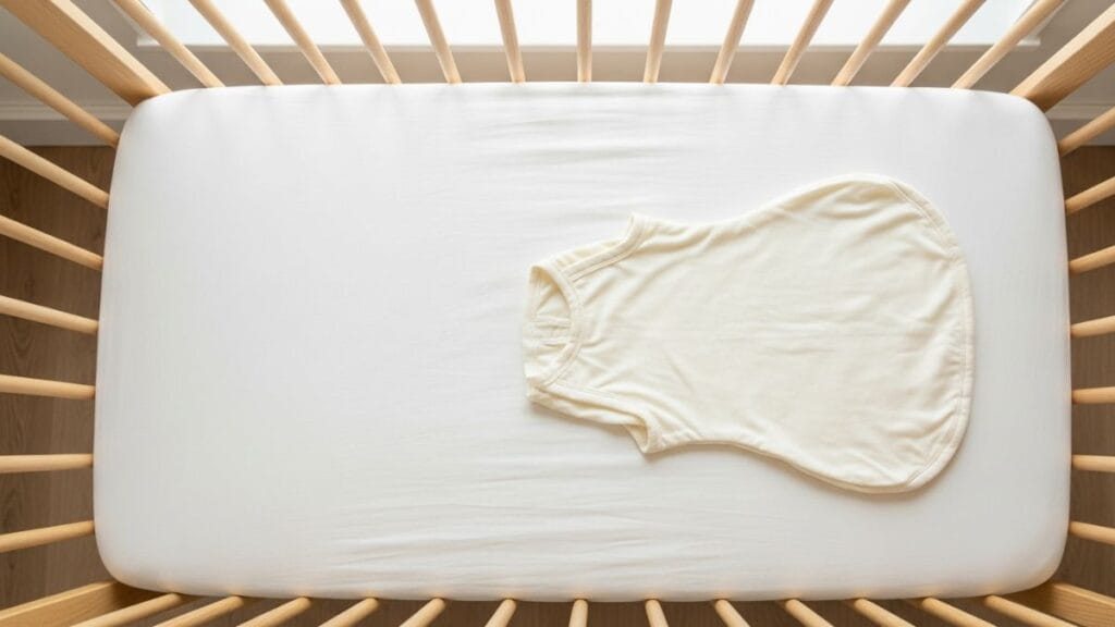 Vue aérienne d'un berceau sécurisé avec matelas ferme et gigoteuse cream, sans oreiller ni couverture