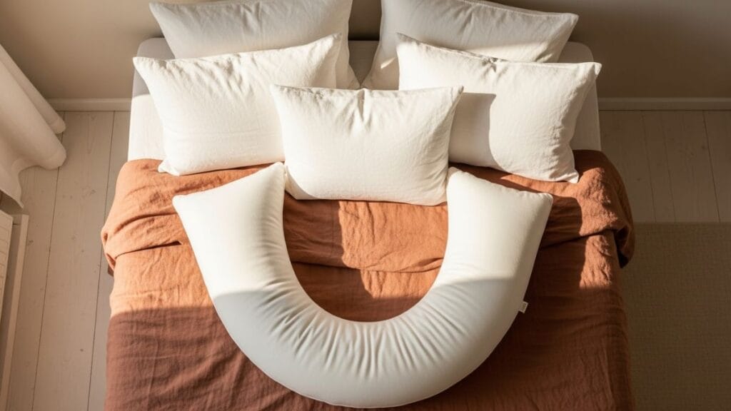 Vue aérienne d'un coussin de grossesse en U et d'oreillers disposés sur un lit aux draps terracotta