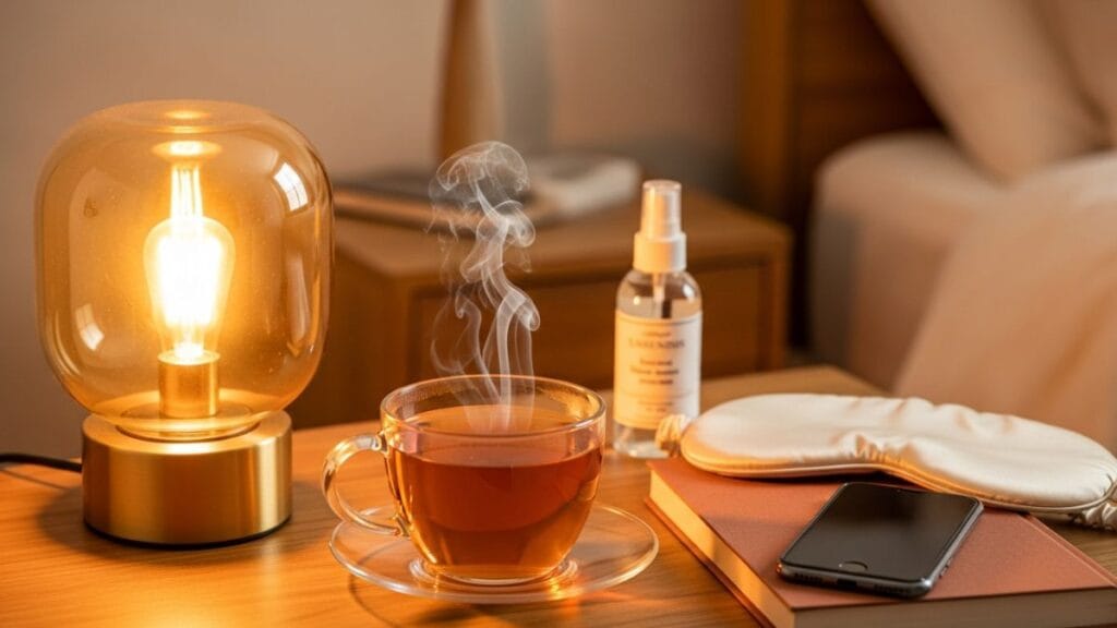 Table de nuit avec tisane fumante, lampe ambrée et masque de sommeil cream pour une routine apaisante