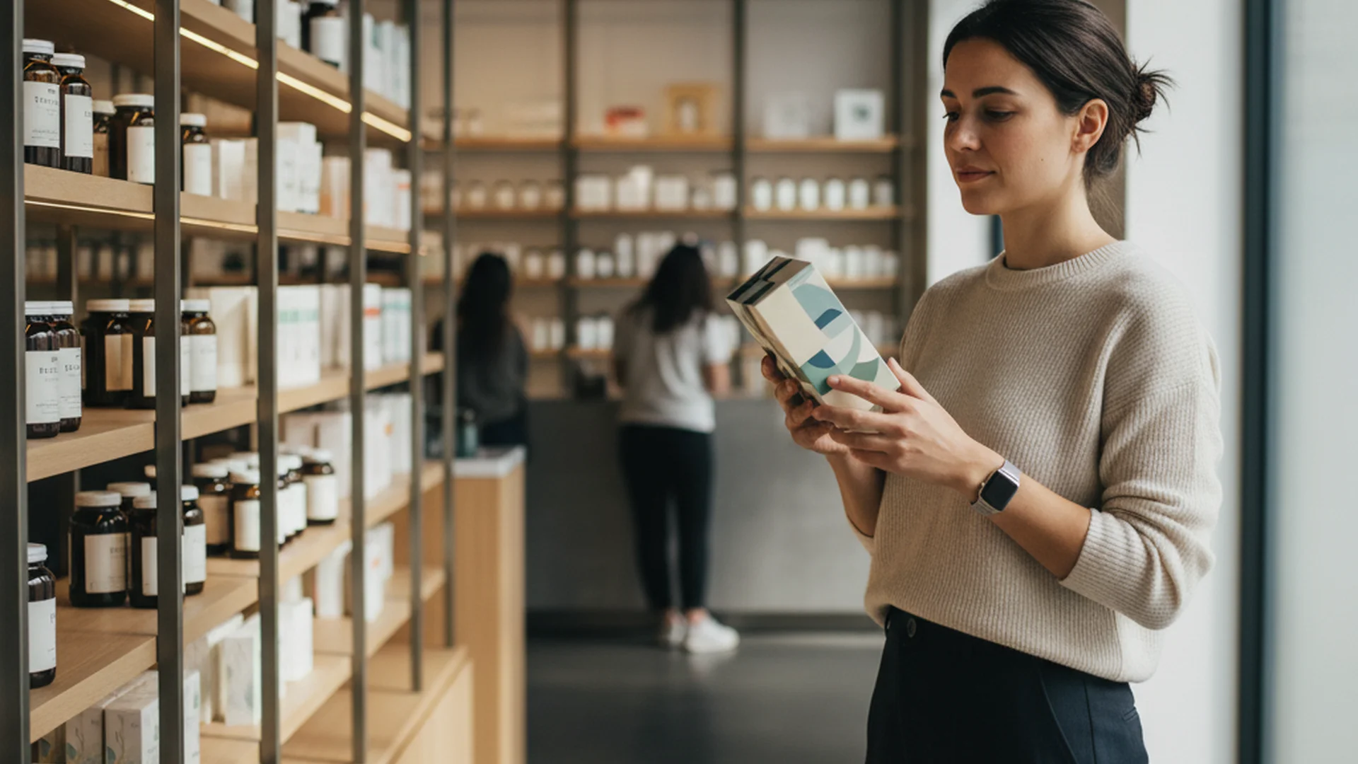 Femme lisant une boîte de complément alimentaire en pharmacie avec une expression attentive