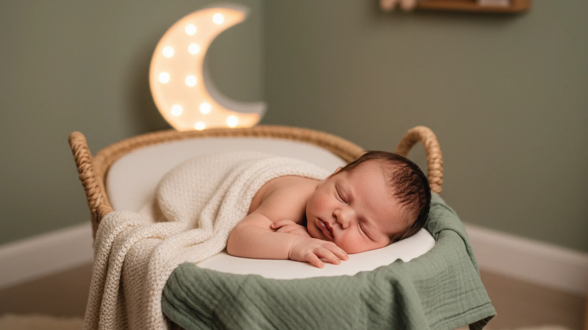 Bébé endormi paisiblement dans un berceau avec une lumière douce et tamisée dans une chambre aux tons naturels