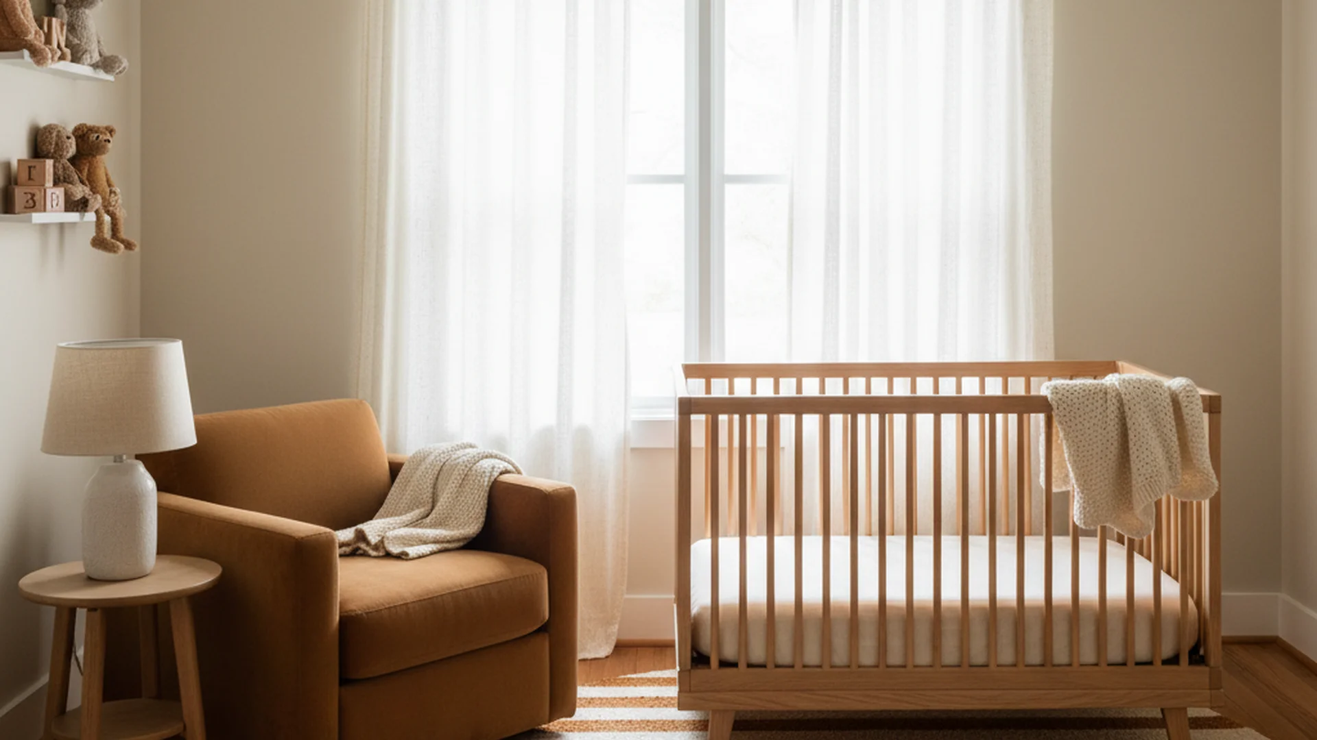 Chambre de bébé douce et apaisante avec un berceau en bois, des rideaux légers et une lumière naturelle tamisée