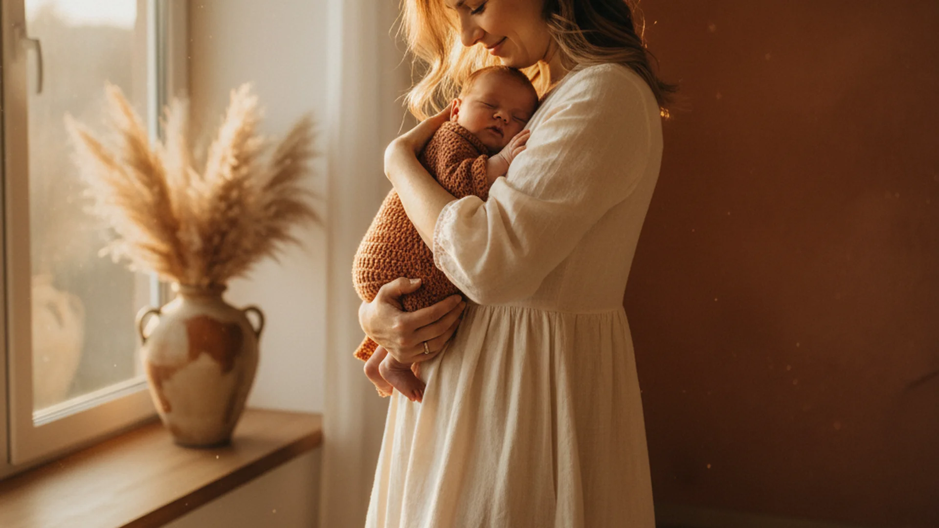 Mère berçant doucement un bébé dans ses bras près d'une fenêtre avec une lumière chaude du soir