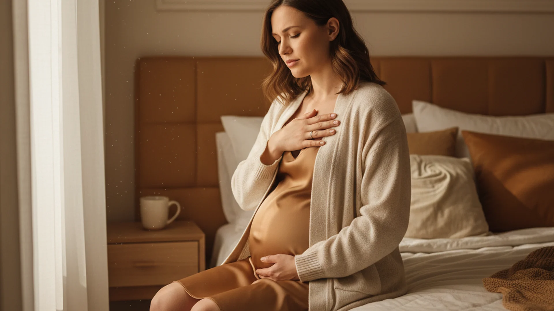 Femme enceinte au troisième trimestre, assise sur son lit, une main sur la poitrine, expression inconfortable