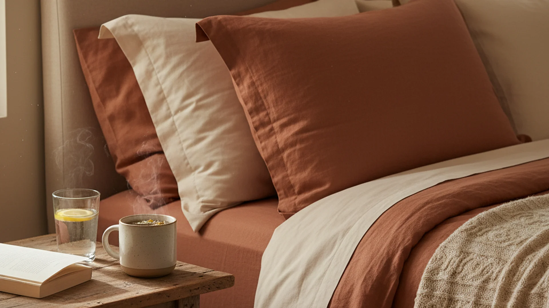 Table de chevet avec verre d'eau, antiacide et coussin surélevé pour dormir confortablement enceinte