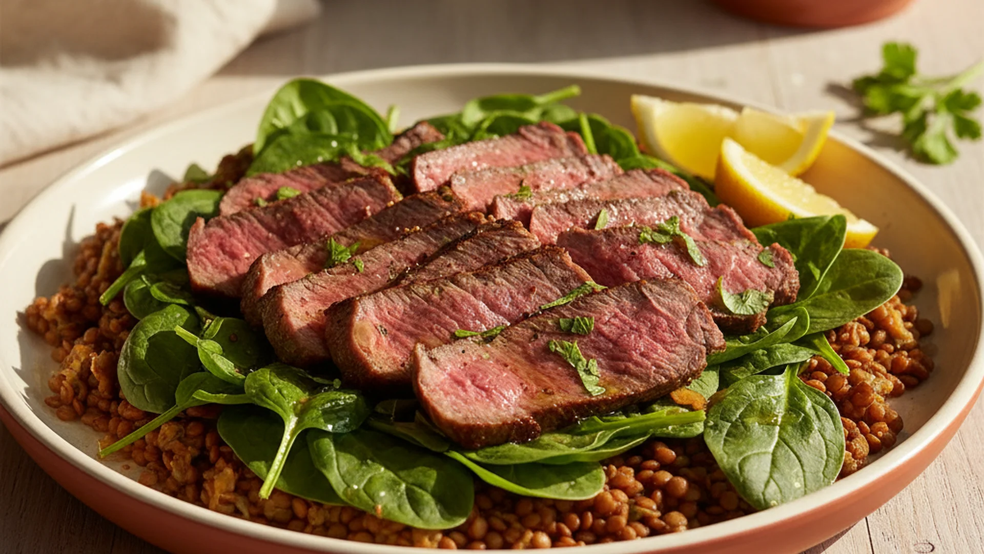 Assiette colorée avec lentilles, épinards frais, viande rouge et quartiers de citron sur une table en bois clair